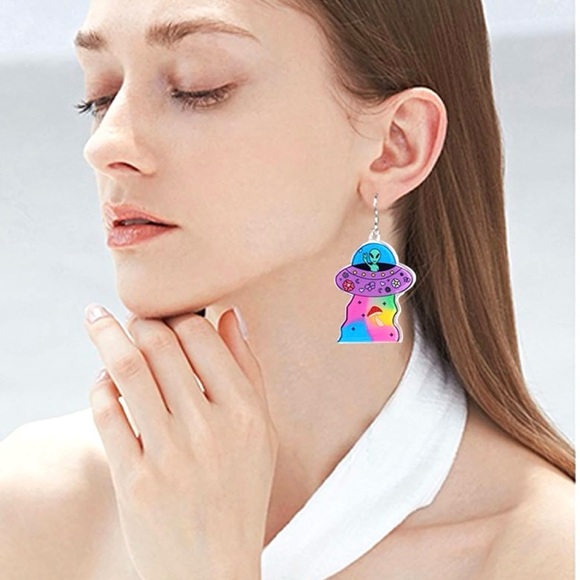 Colorful Alien UFO Acrylic Earrings – Halloween Weirdcore Space Jewelry - Picture 7 of 13